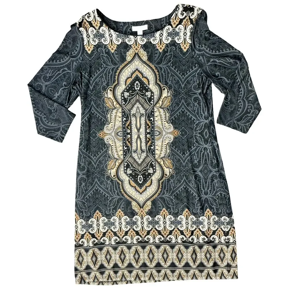 Charter Club Gray Brown Cream Filigree 3/4 Sleeve Sheath Dress Petite size L PL - Picture 8 of 9